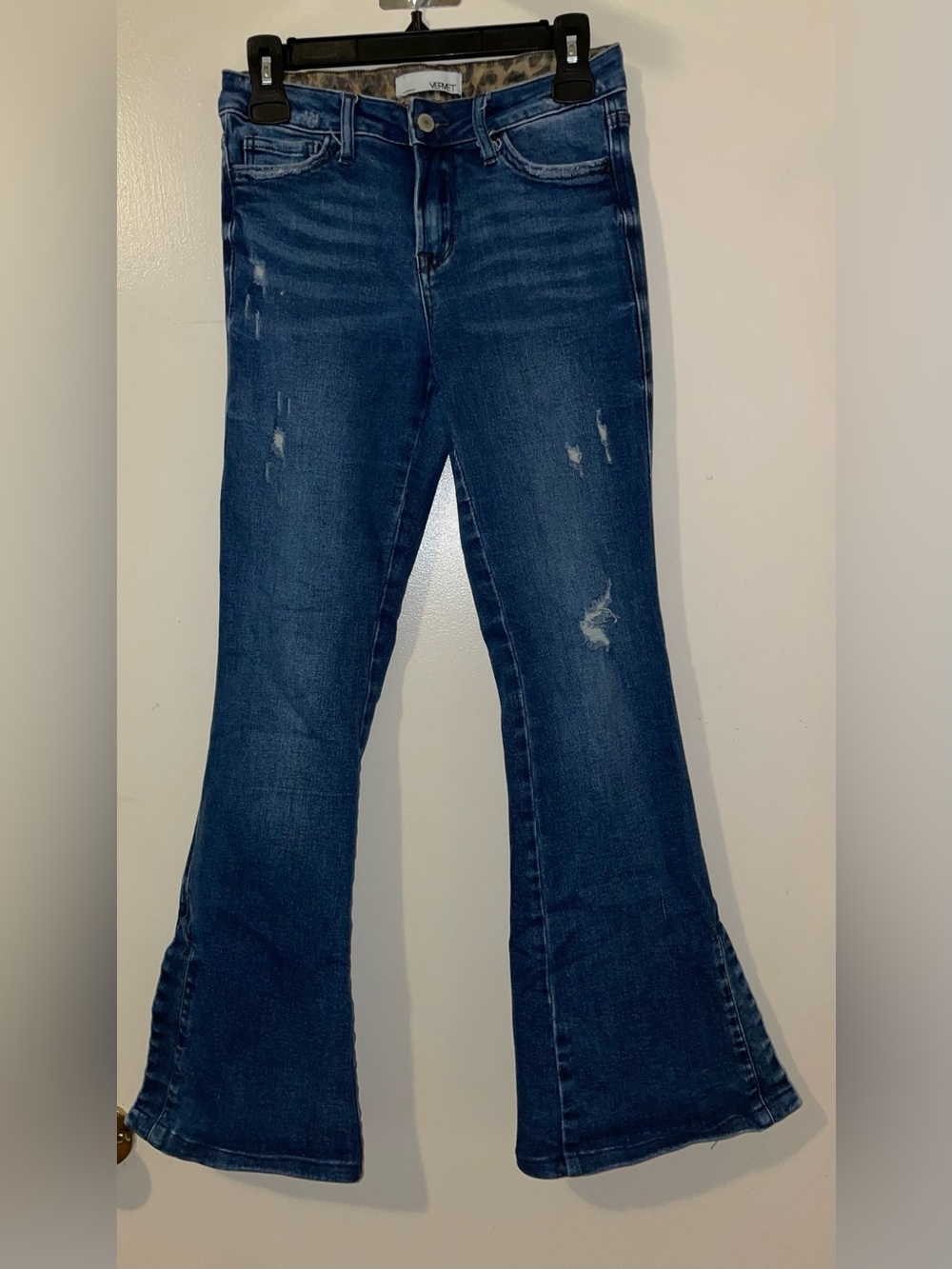 Wide-Leg Dark Blue Women's Jeans with Leopard Trim - Picture 4 of 10